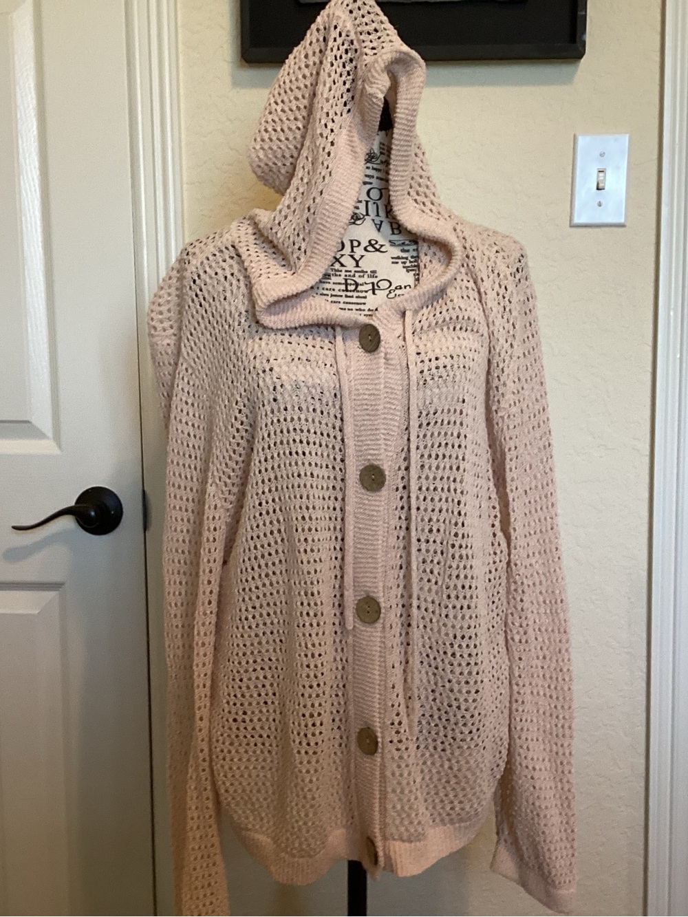 CHARLIE B Open-Weave Hooded Cardigan in Blush Pink